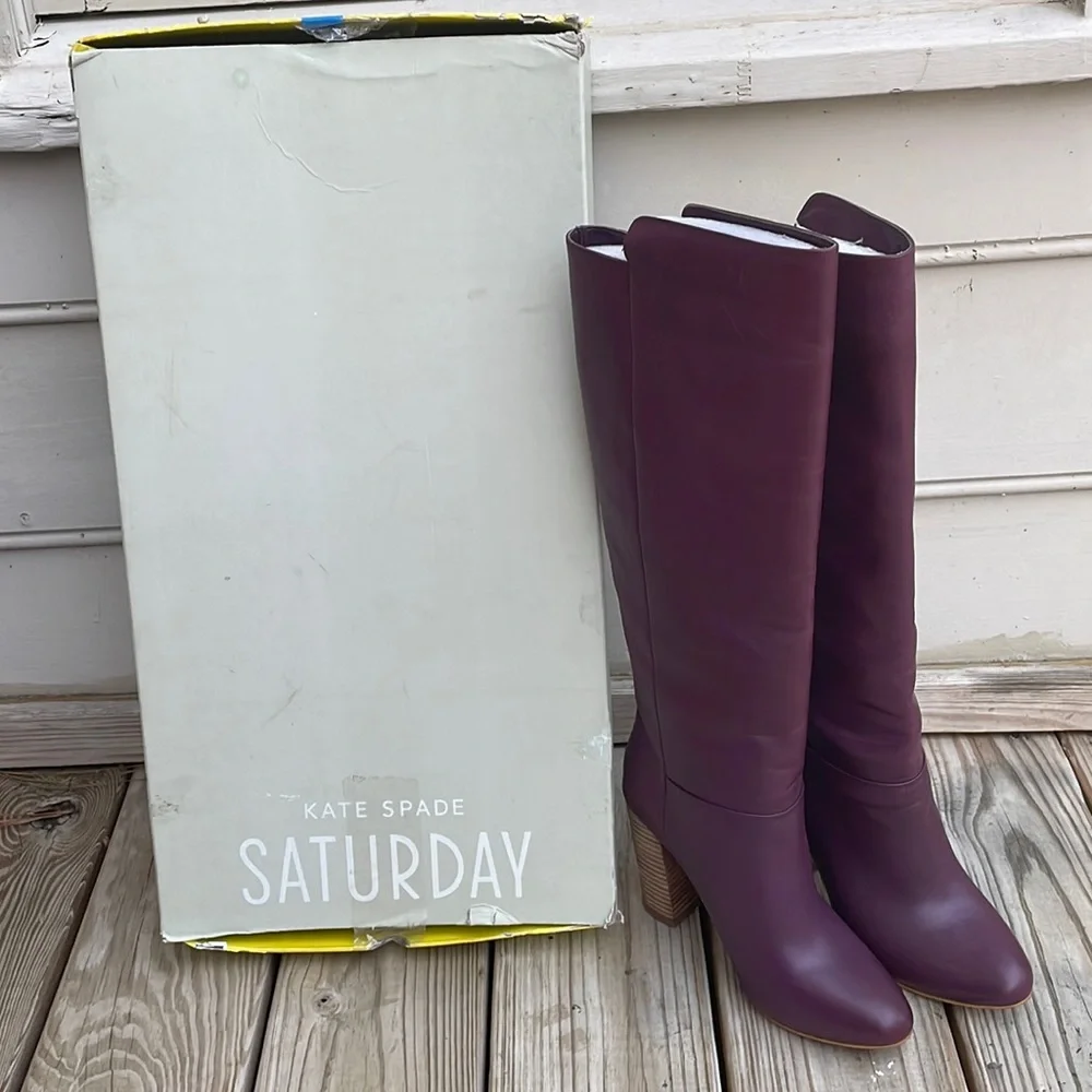 NIB- Kate Spade Saturday Burgundy Leather Knee High Block Heel Boots size 7.5